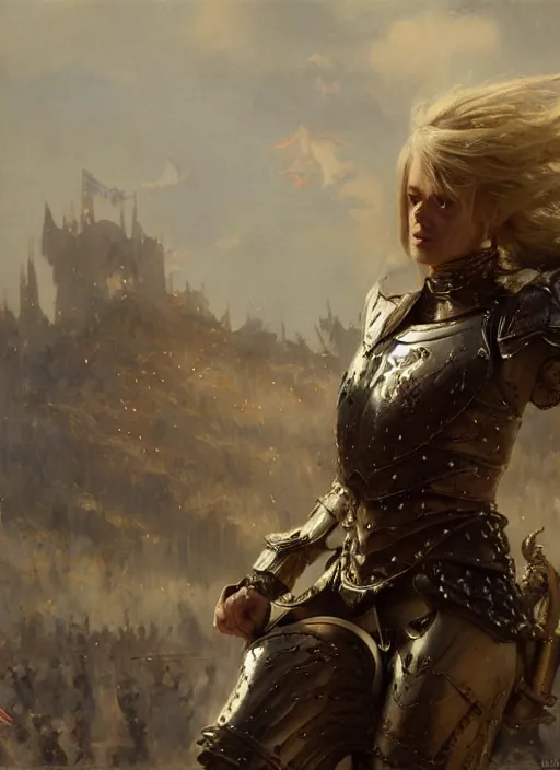 Image similar to short muscular blonde woman wearing realistic medieval armour, mackenzie davis, detailed by gaston bussiere, bayard wu, greg rutkowski, maxim verehin, greg rutkowski, masterpiece, sharp focus, cinematic lightning