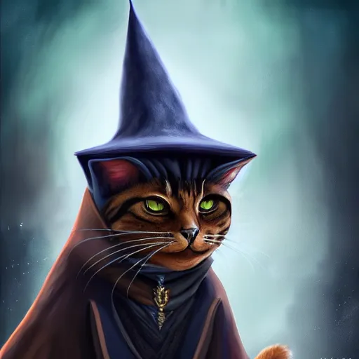 Image similar to matte oil painting of a bipdel cat wearing long wizard robes, anthropomorphic cat wearing a wizard hat, dnd, character reveal, magic, posing, full body portrait, high resolution, detailed, inspiring, award - winning