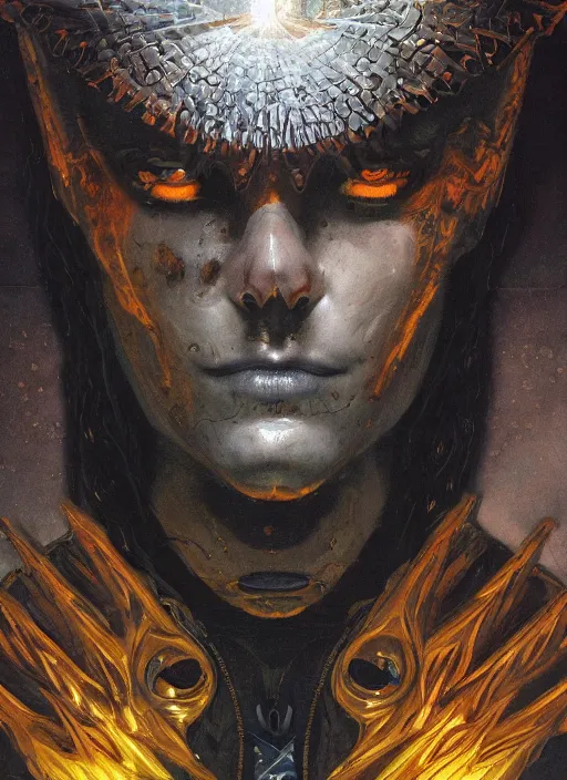 Prompt: symmetry! middle closeup chamber portrait of a biblical diabolical pirate!! girl! stylish cyborg armor, heavy eyes to the side, closeup, bright glowing eyes, in clouds, rain, sunset, by gerald brom, by mikhail vrubel, by peter elson, muted colors, extreme detail, mirrors, trending on artstation, 8 k