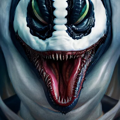 Image similar to portrait of venom, intricate artwork, concept art, octane render, deviantart, cinematic, key art, hyperrealism, iridescent accents, portrait photograph, nikon 3 5 mm, photograph by greg rutkowski