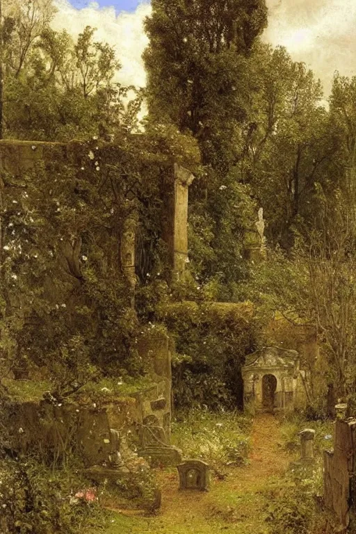 Image similar to abandoned cathedral w/ path that leads to cemetery, dark, overgrown, weeds and wildflowers on the graves, an old twisted tree, a tall stone wall, lawrence alma-tadema
