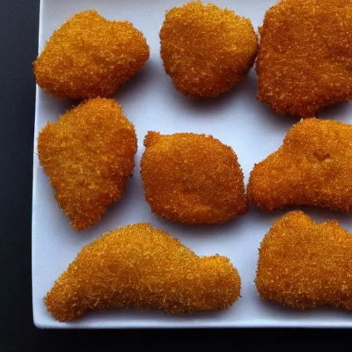 Image similar to photo of chicken nuggets shaped like dinosaurs, realistic, award winning picture