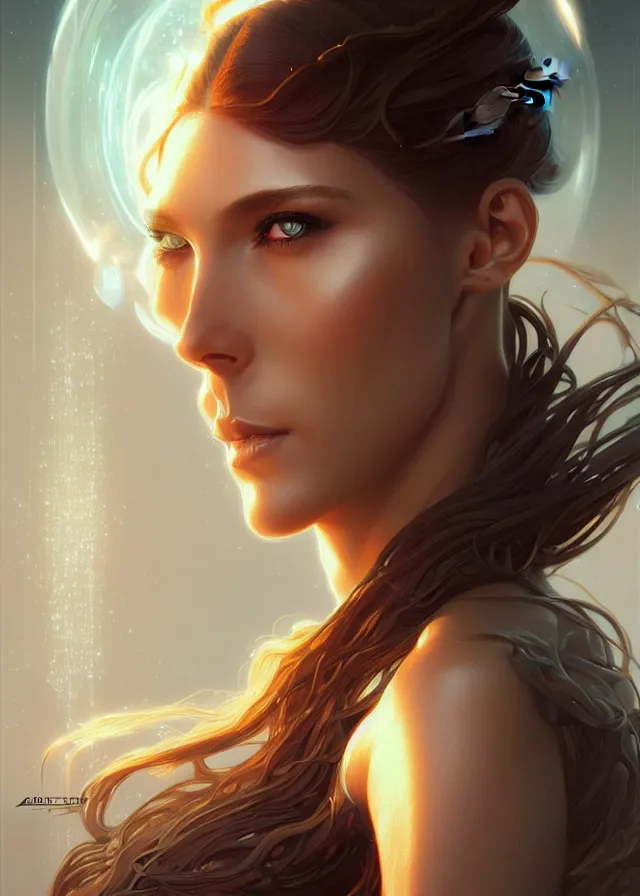 Image similar to futuristic woman portrait, sci-fi, amber eyes, face, long hair, fantasy, intricate, elegant, highly detailed, digital painting, artstation, concept art, smooth, sharp focus, illustration, art by artgerm and greg rutkowski and alphonse mucha