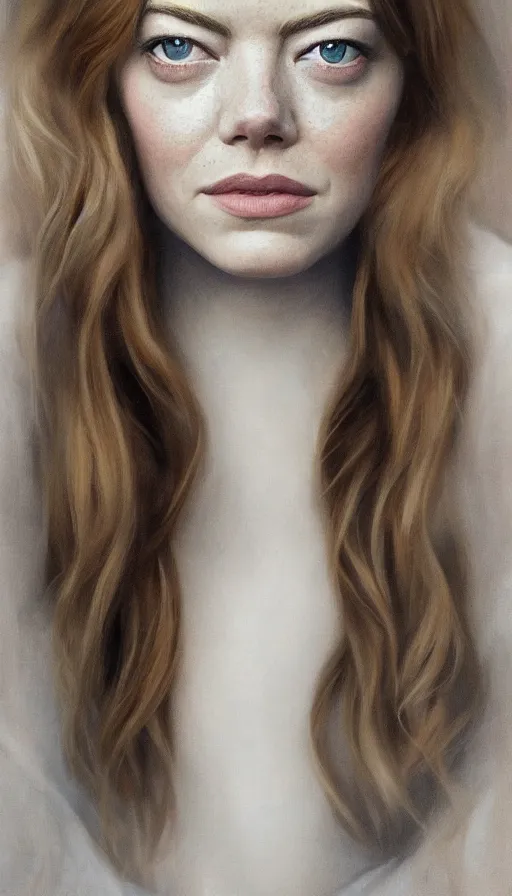 Prompt: cinematic portrait of emma stone, intricate, elegant, by alyssa monks, highly detailed, symmetrical face, fine details, masterpiece, trending on artstation