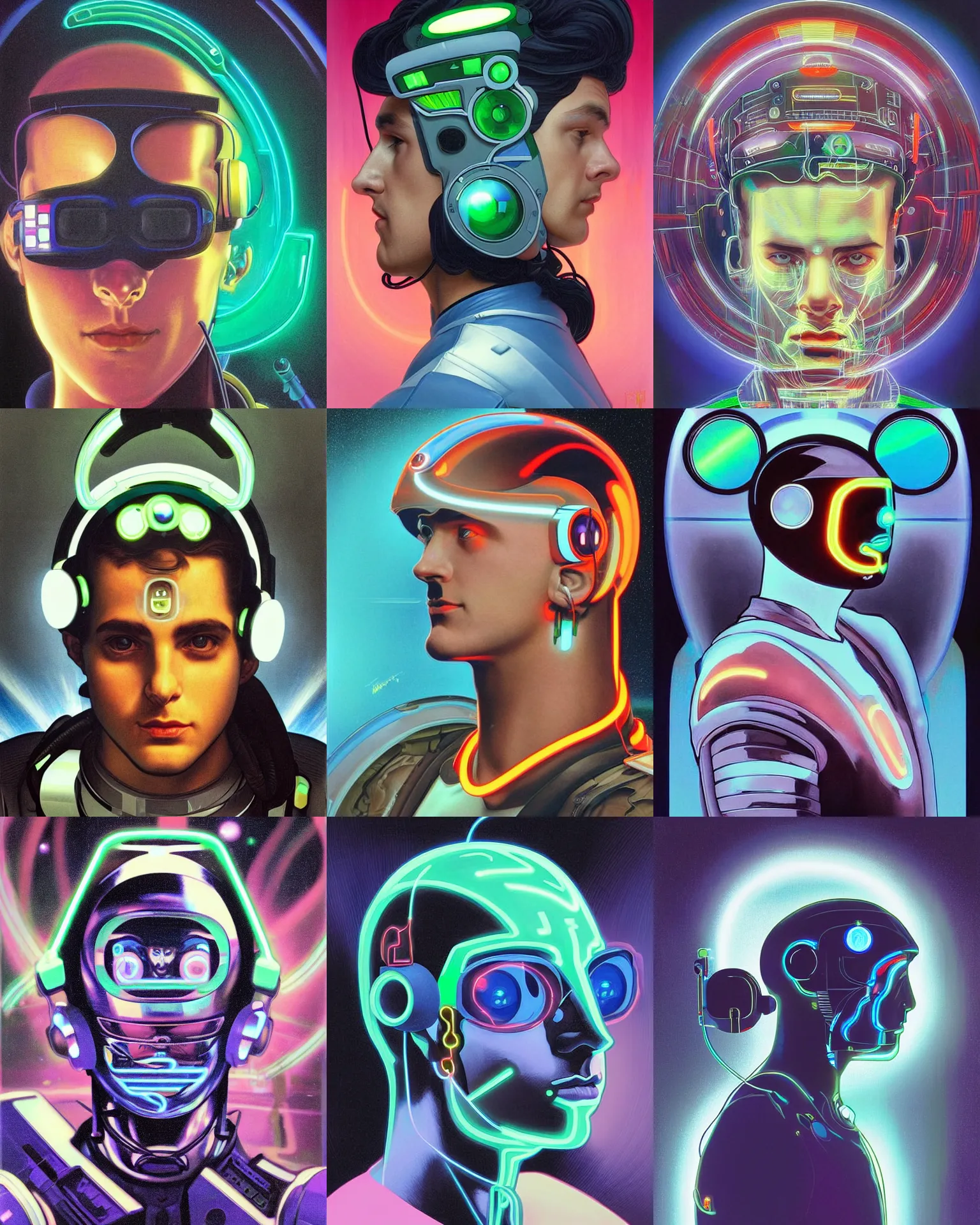 Prompt: sillouete side view future coder man, sleek cyclops display over eyes and glowing headset, neon accents, holographic colors, desaturated headshot portrait digital painting by herbert bayer, alphonse mucha, donato giancola, john berkey, dean cornwall, alex grey, tom whalen, astronaut cyberpunk electric lights profile