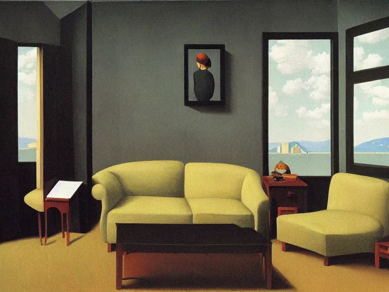 Image similar to cloudy living room, painting by rene magritte, centered, high detail, high resolution