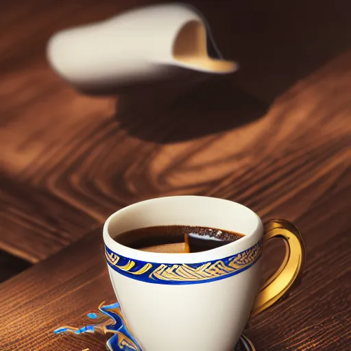 Prompt: arabic calligraphy coffee cup design, product photography, product design, studio lighting, professional photoshoot