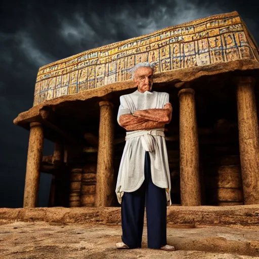 Prompt: cinematic film still of 80 year old Mediterranean skinned man in ancient Canaanite clothing stands in front of Noah's ark. Storm clouds. directed by Steven Spielberg