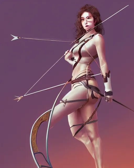 Image similar to illustration of a women posing with a bow and arrow, female archer, warrior, realistic face, heroes archery japanese, artstation trending, concept art, digital painting