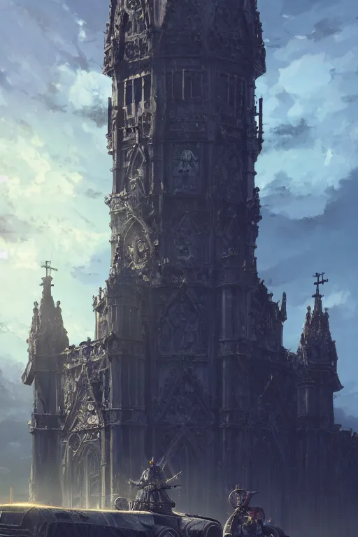 Image similar to a mobile driving ornate cathedral church as tower mounted on a tank with chain drive, warhammer 4 0, scene in an open field. key visual, conceptart, ambient lighting, highly detailed, digital painting, artstation, concept art, sharp focus, by makoto shinkai and akihiko yoshida and kris kuksi