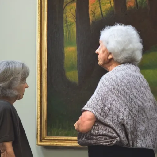 Image similar to old woman staring at a painting of her younger self