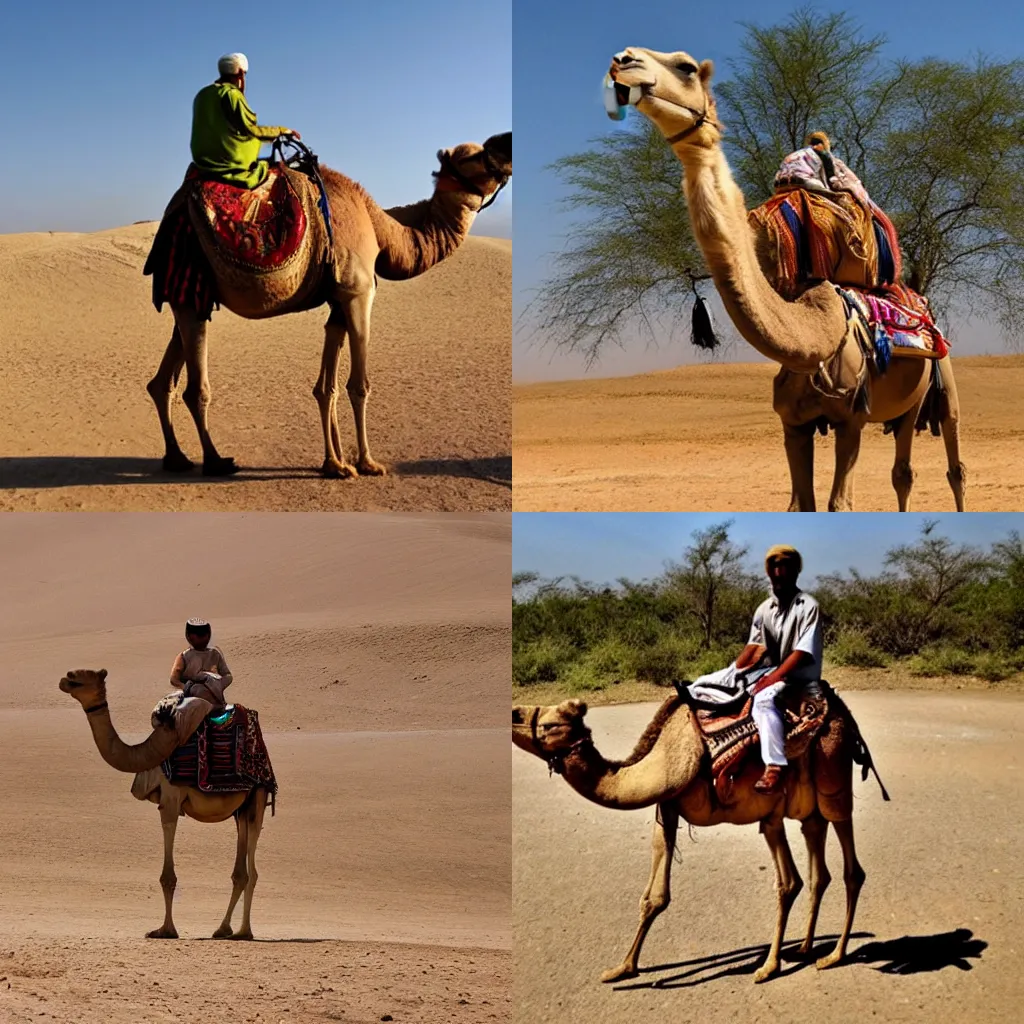 Prompt: a camel riding a bike