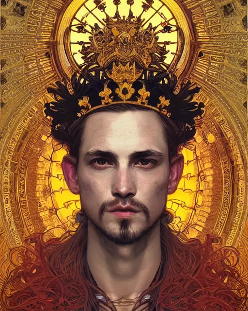 Image similar to symmetrical, centered, young and handsome god close - up portrait wigh crown made of skulls. artwork by tooth wu and wlop and alena aenami and alphonse mucha, brian froud, pablo amaringo