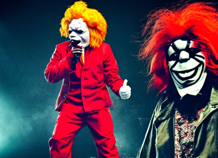 Image similar to publicity photo still of ronald mcdonald wearing a slipknot mask touring with slipknot live on stage, 8 k, live concert lighting, mid shot