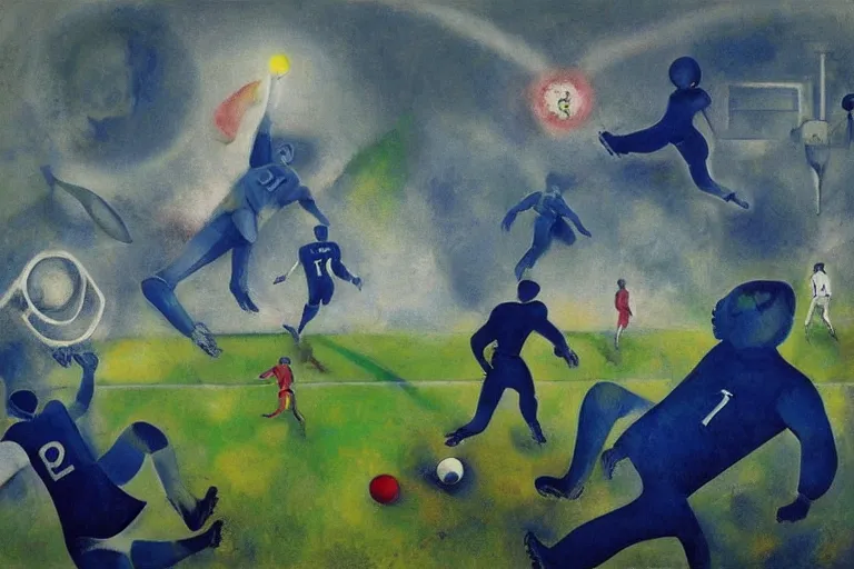 Image similar to ! dream a futuristic football game, painting by chagall, trending on artstation