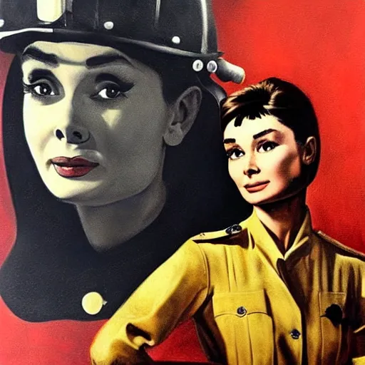 Prompt: ultra realistic portrait painting of audrey hepburn as a firefighter, art by frank frazetta, 4 k, ultra realistic, highly detailed, epic lighting.