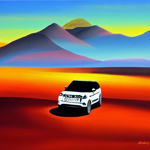 Image similar to a range rover in the desert with mountains in the back during a beautiful sunset in the style of Salvador Dalí, oil on canvas