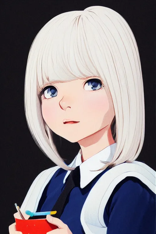 Image similar to a headshot of a very happy cute girl with shoulder - length white hair wearing school uniform, sharp focus, illustration, morandi color scheme, art station, high detailed, by ilya kuvshinov