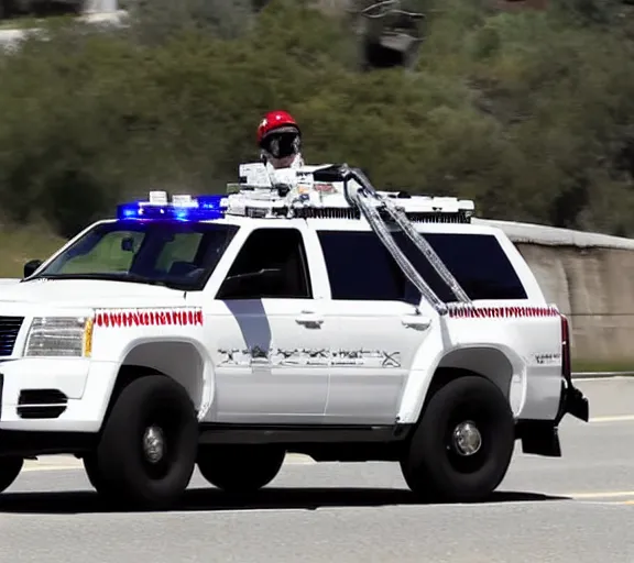 Prompt: donald trump driving white suv, high speed chase freeway, police cars, ap news photo