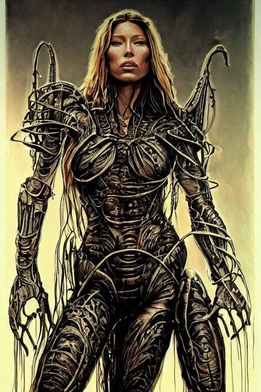 Prompt: painting of Jessica Biel by Simon Bisley, looking shredded from working out, wearing witchblade armor, in the style of HR Giger, insane detail, in the style of Da Vinci, old weathered paper, 8k, runes and glyphs carved into the background