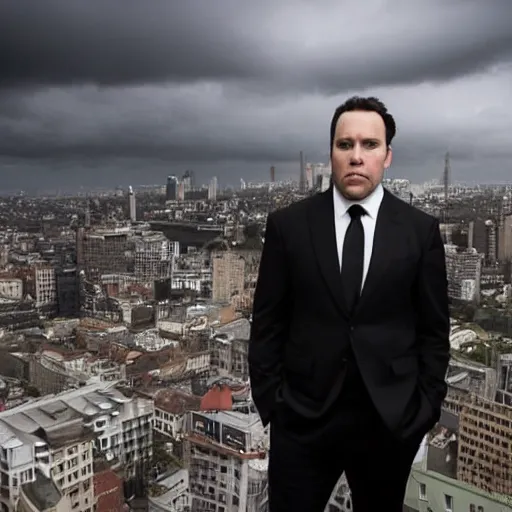 Prompt: Clean-shaven Jon Favreau wearing a black suit and black necktie and black dress shoes is climbing up a tall building in an urban city. The sky is filled with dark clouds and the mood is ominous.