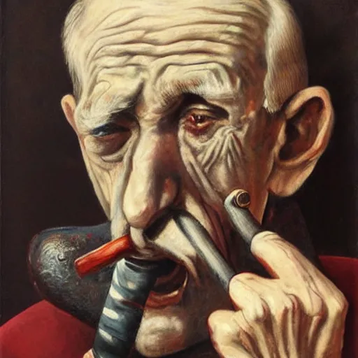 Prompt: a sad old man with his pipe in his mouth, high quality, high resolution,detailed, oil painting by otto dix (1921)