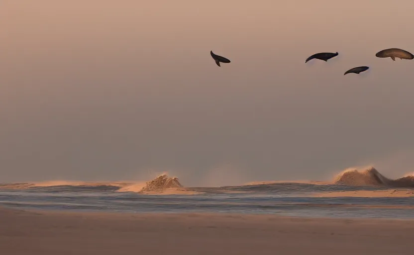 Prompt: whales jumping into sand dunes, photography