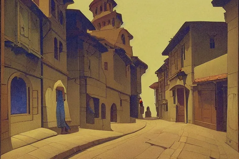 Prompt: winding street at midnight in a very old very beautiful city by George Price Boyce and Nicholas Roerich and William Dyce, glowing paper lanterns, strong dramatic cinematic lighting , ornate tiled architecture, lost civilizations, smooth, sharp focus, extremely detailed