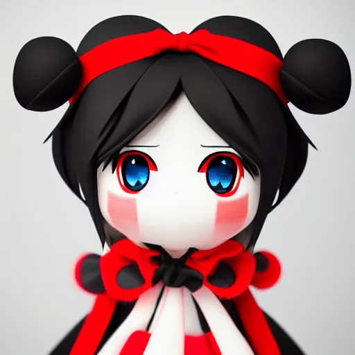 Prompt: cute fumo plush of a gothic maiden in a red and black uniform, laces and ribbons, soft shadow, anime girl, vray, white frame