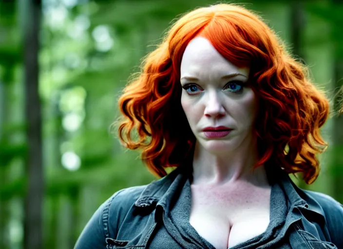 Image similar to filmstill christina hendricks the walking dead, 1 0 0 mm lens, canon eos, red cinema camera, frontal view, dynamic pose, intricate, elegant, highly detailed, centered, redshift, octane, smooth, sharp focus, zeiss lens,