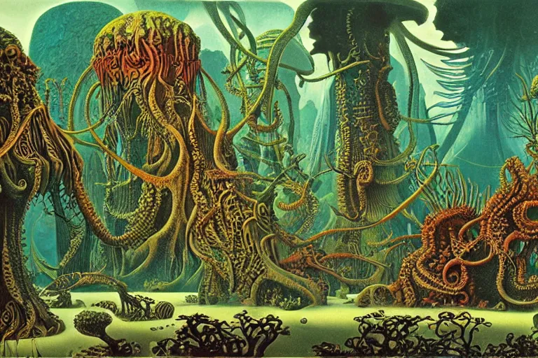 Prompt: lovecraftian jungles, another world by Roger Dean and Ernst Haeckel