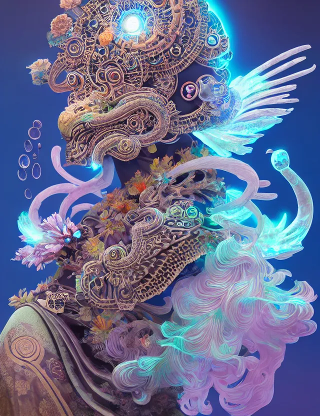 Image similar to 3 d goddess close - up profile solarpunk portrait ram skull. beautiful intricately detailed japanese crow kitsune mask and clasical japanese kimono. betta fish, jellyfish phoenix, bio luminescent, plasma, ice, water, wind, creature, artwork by tooth wu and wlop and beeple and greg rutkowski