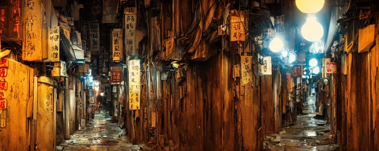 Image similar to digital painting, wideangle view of a narrow alley in kowloon walled city, dirty, sodium lights,evening, tungstem color balance, cinestill, street photography