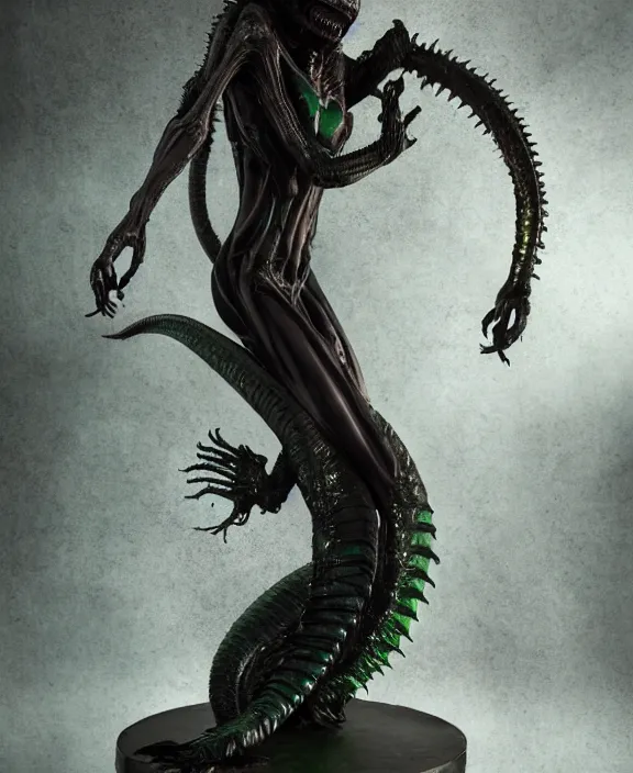 Image similar to xenomorph queen goth meditating model hybrid, dragon eggs, dark emerald mist colors, giger background liminal void, cinematic lighting, realistic, award winning photograph, various refining methods, micro macro autofocus