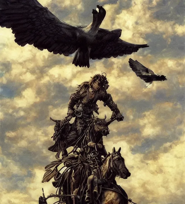 Prompt: cloudy day, three silhouettes riding a giant pigeon in the sky, in the distance, 1 9 7 0 s, intricate, moody, tasteful, intimate, highly detailed, short focus depth, artgerm, donato giancola, joseph christian leyendecker