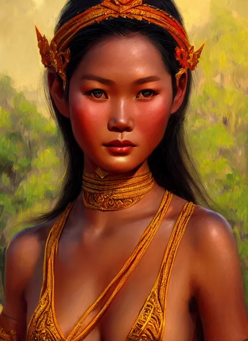 Image similar to portrait of a beautiful female khmer ethnic cambodia, closeup portrait, historical, ethnic group, traditional costume, elegant, loin cloth, highly detailed, oil painting, artstation, concept art, matte, sharp focus, illustration, hearthstone, art by earl norem