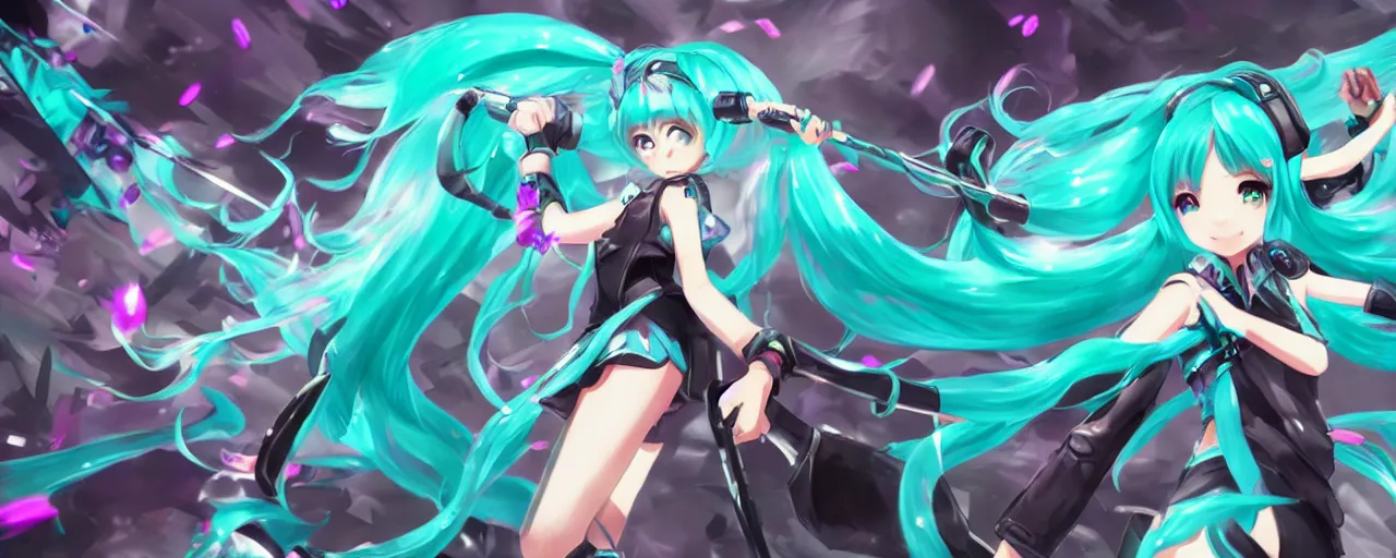 Image similar to Hatsune Miku splash art as a League of Legends character, Riot Games, digital art