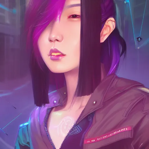 Image similar to a portrait of a young asian cyberpunk woman with dark purple hair, art by lois van baarle and loish and ross tran and rossdraws and sam yang and samdoesarts and artgerm and saruei and disney, digital art, highly detailed, intricate, sharp focus, trending on artstation hq, deviantart, unreal engine 5, 4 k uhd image