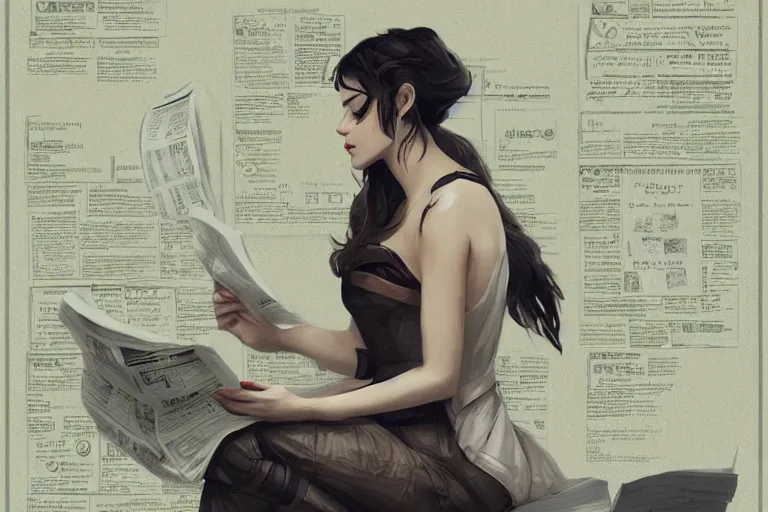 Image similar to seductive goddes reading newspaper in modern city in the style of Durand and greg rutkowski, beautiful, geometric, trending on artstation, cinematic