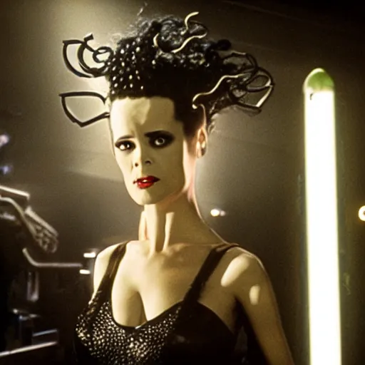 Image similar to cinematic portrait of bride of frankenstein as a replicant in a busy nightclub, frightened and angry, still from the movie ex machina, fashion photography, a neon sign is in the background