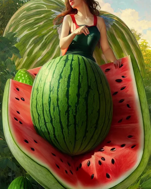 Image similar to an angel living inside a giant watermelon, watermelon house, posing, highly detailed, digital painting, artstation, concept art, smooth, sharp focus, illustration, art by artgerm and greg rutkowski and alphonse mucha