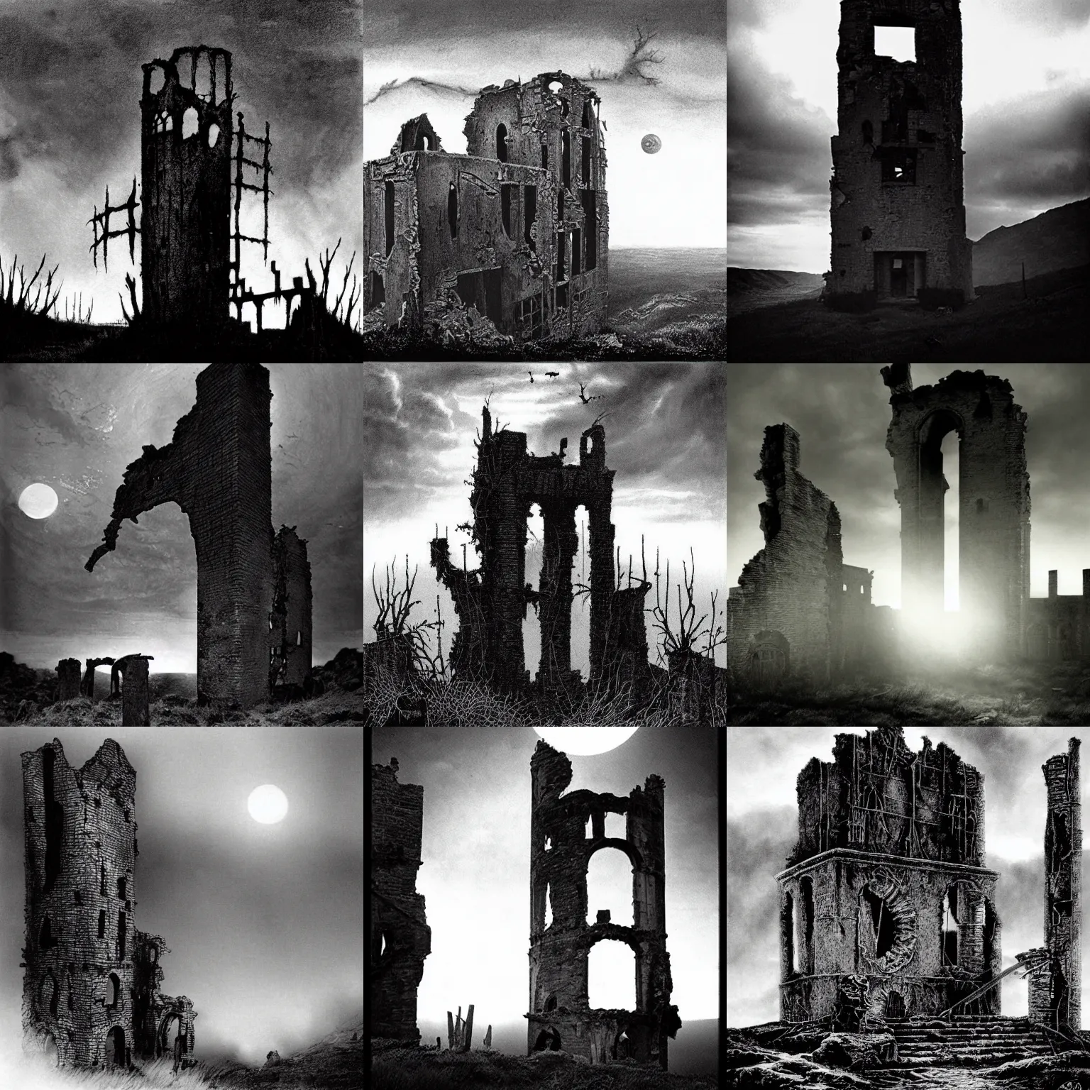 Prompt: a sun setting over a ruined tower. dark fantasy, film noir, black and white. high contrast, stephen gammell, d & d, osr