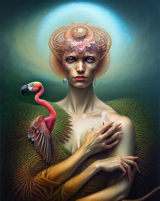 Image similar to a detailed portrait of dreampunk flamingo python hybrid mix goddess by tomasz alen kopera and peter mohrbacher