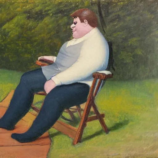 Prompt: romanticist painting of Peter Griffin sitting on a lawn chair in a backyard, oil on canvas, elegant,