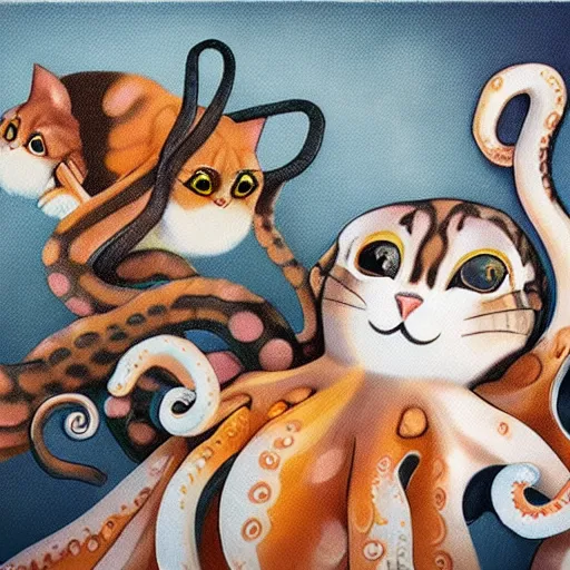 Prompt: octopus and cats taking a selfie together, photorealistic