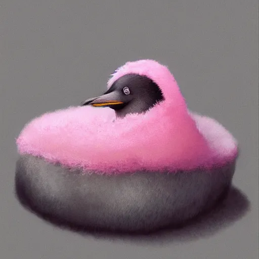 Image similar to one realistic penguin sitting in a pink fluffy bed, hyper detailed, trending on artstation