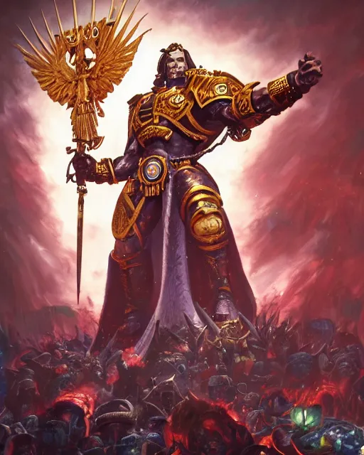 Image similar to gigachad as god emperor of mankind from warhammer 40k, digital portrait of Ernest Khalimov by Dan Mumford and Ross Tran, octane render, 8k, rtx on, trending on ArtStation