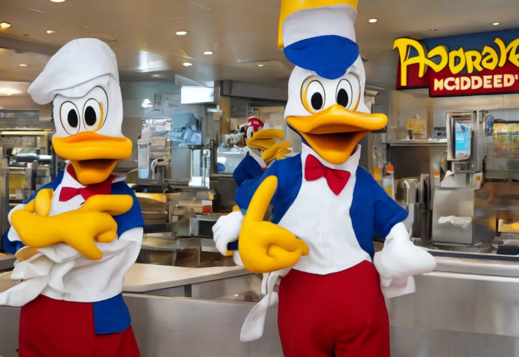 Prompt: donald duck working in mcdonalds