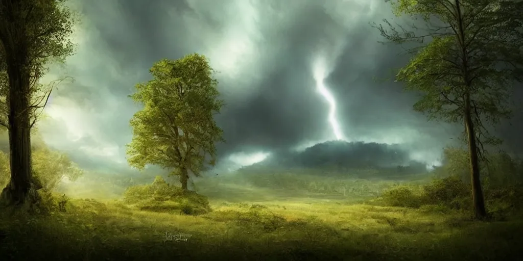 Image similar to A tornado in a beautiful scenic landscape, nature, trees, wide angle, super highly detailed, professional digital painting, artstation, concept art, smooth, sharp focus, no blur, no dof, extreme illustration, Unreal Engine 5, Photorealism, HD quality, 8k resolution, cinema 4d, 3D, beautiful, cinematic, art by artgerm and greg rutkowski and alphonse mucha and loish and WLOP