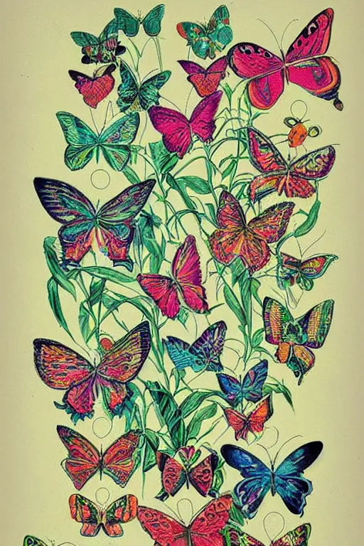 Prompt: vintage botanical poster of!! bright colorful neon butterflies!!, extremely detailed, very intricate